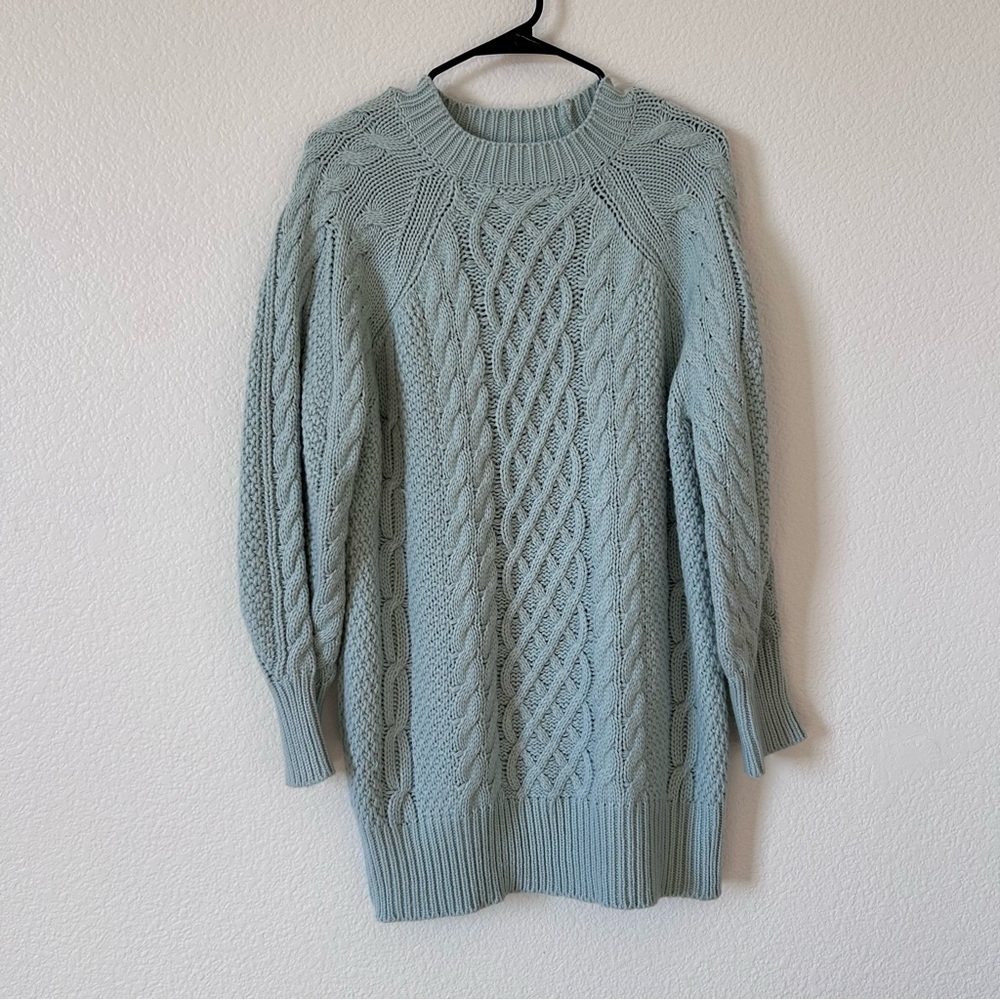 Women's Oversized Small Cable Knit Chunky Sweater dress Long Sleeve- Light Blue